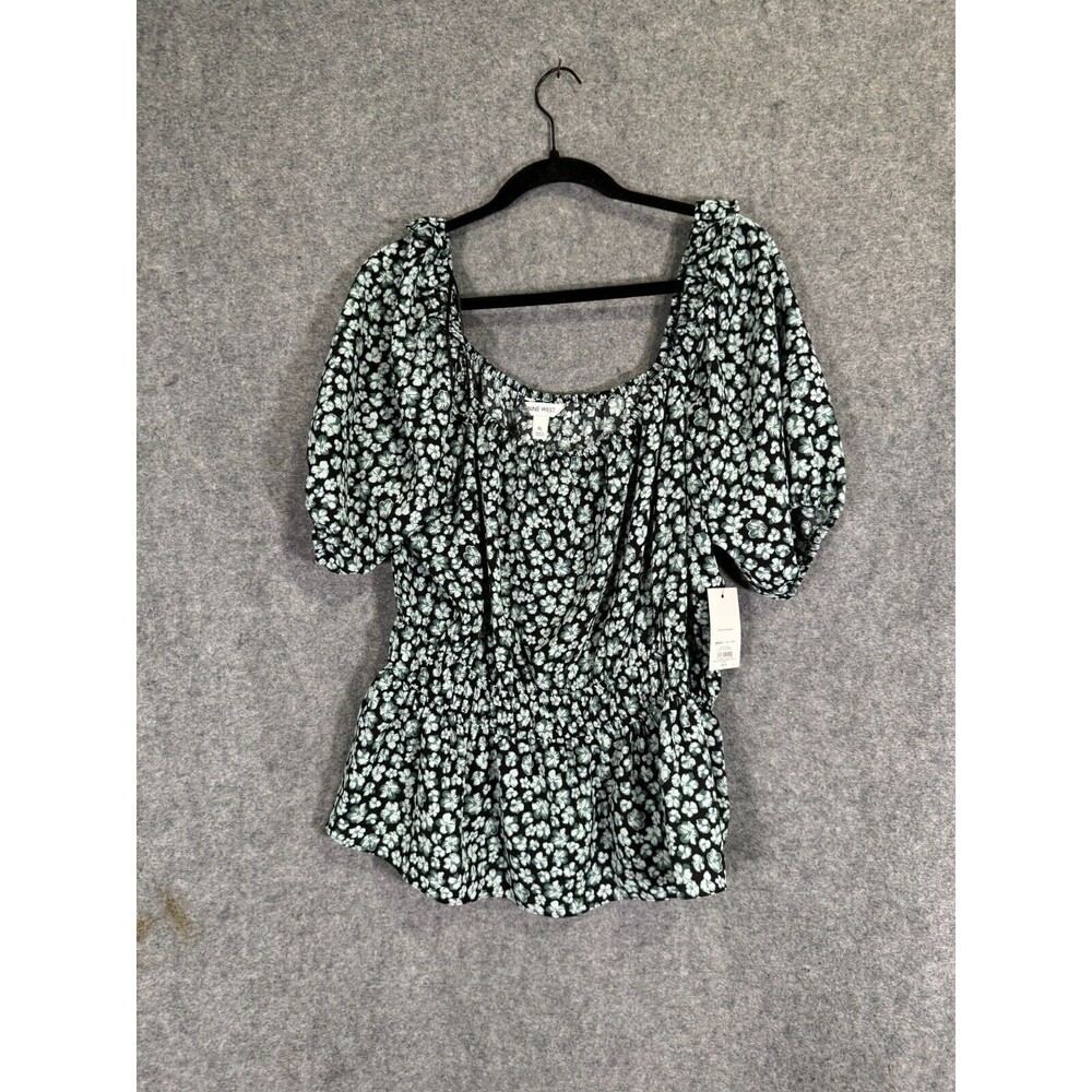 NWT Nine West  Blouse Women Extra Large Black Short Sleeve Square Neck Peplum
